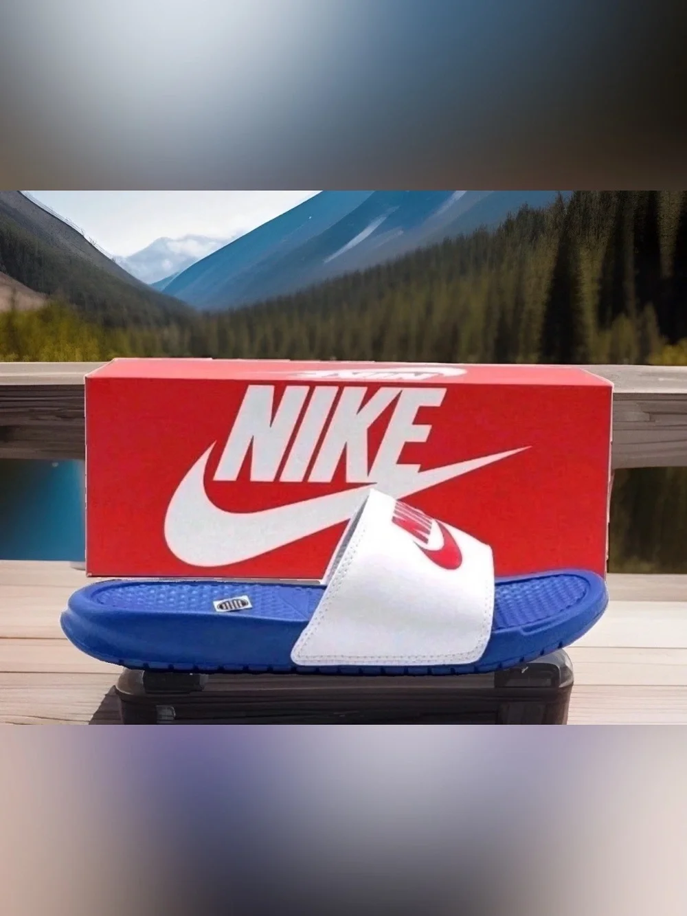 NEW Nike Benassi JDI Sandals Mens Blue White Red Slip On Slipper 343880 410 9-13